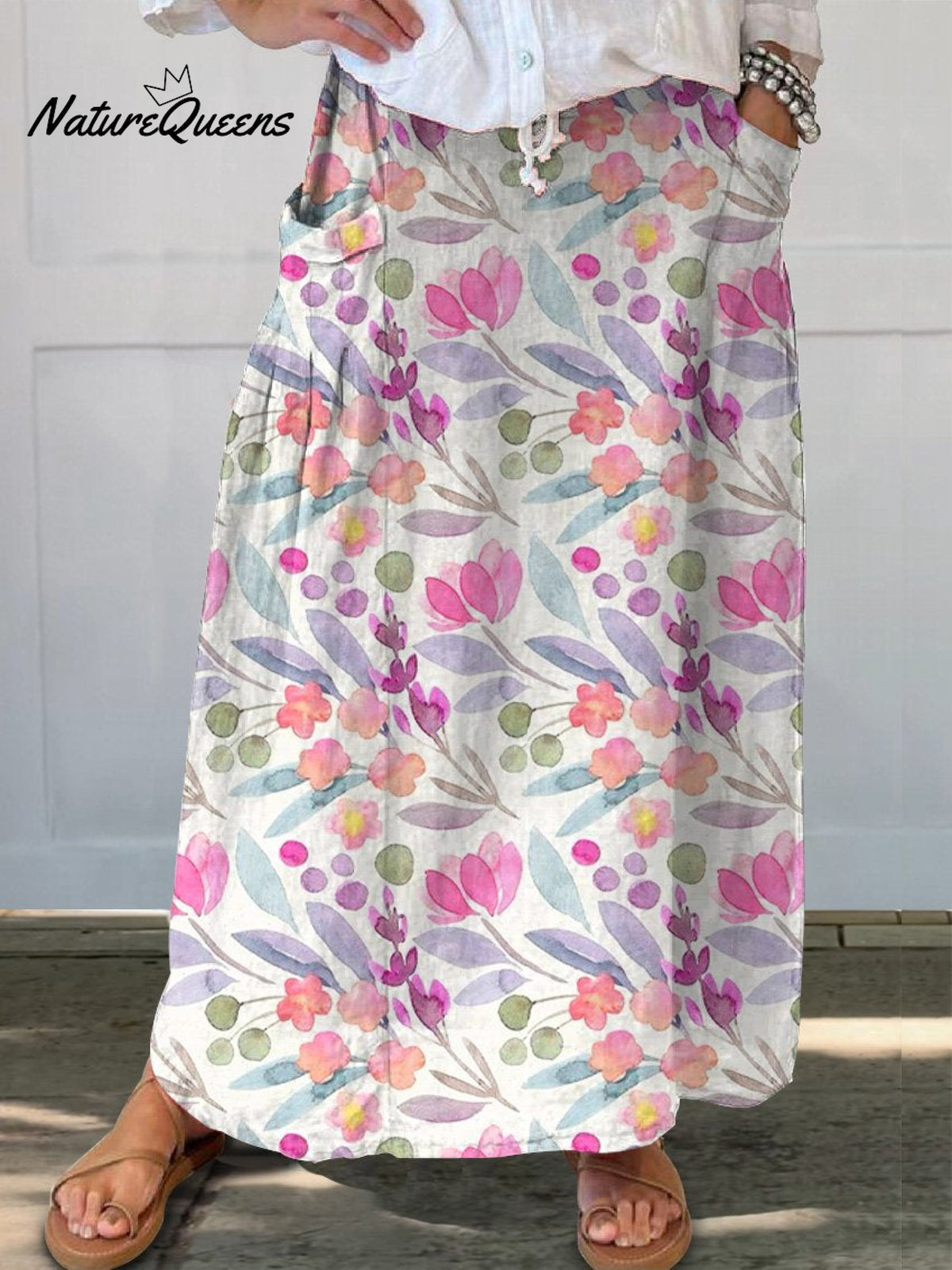 Watercolor Spring Garden Floral Repeat Pattern Printed Women’s Linen Pocket Skirt Multicolor / S