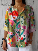 Women's Vintage Lovely Floral Art Print Casual Cotton Linen Shirt