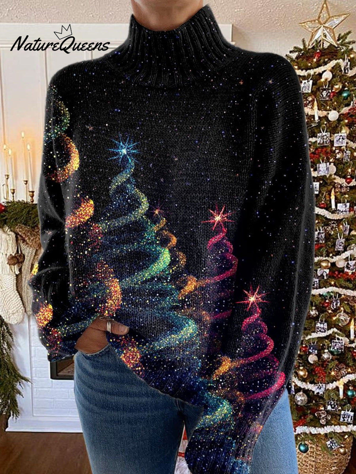 Glitter Christmas Tree Print Knit Turtleneck Pullover Sweater