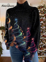 Glitter Christmas Tree Print Knit Turtleneck Pullover Sweater