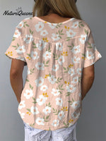 Sweet Spring White Floral Repeat Pattern Printed Women’s Casual Cotton And Linen Shirt