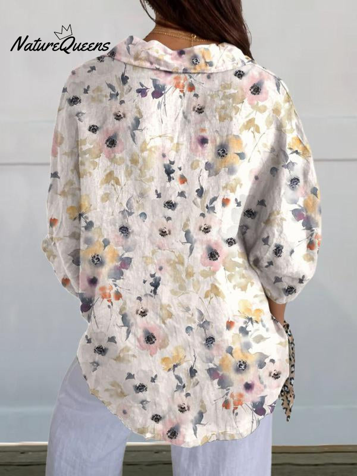 Women's Colorful Watercolor Print Casual Linen V-neck Shirt