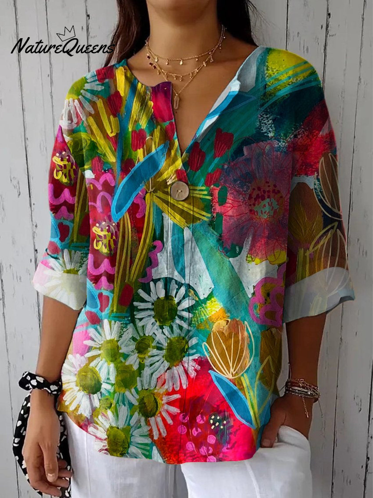 Women'sFlowerArt Print Casual Cotton Linen Shirt