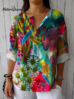 Women'sFlowerArt Print Casual Cotton Linen Shirt