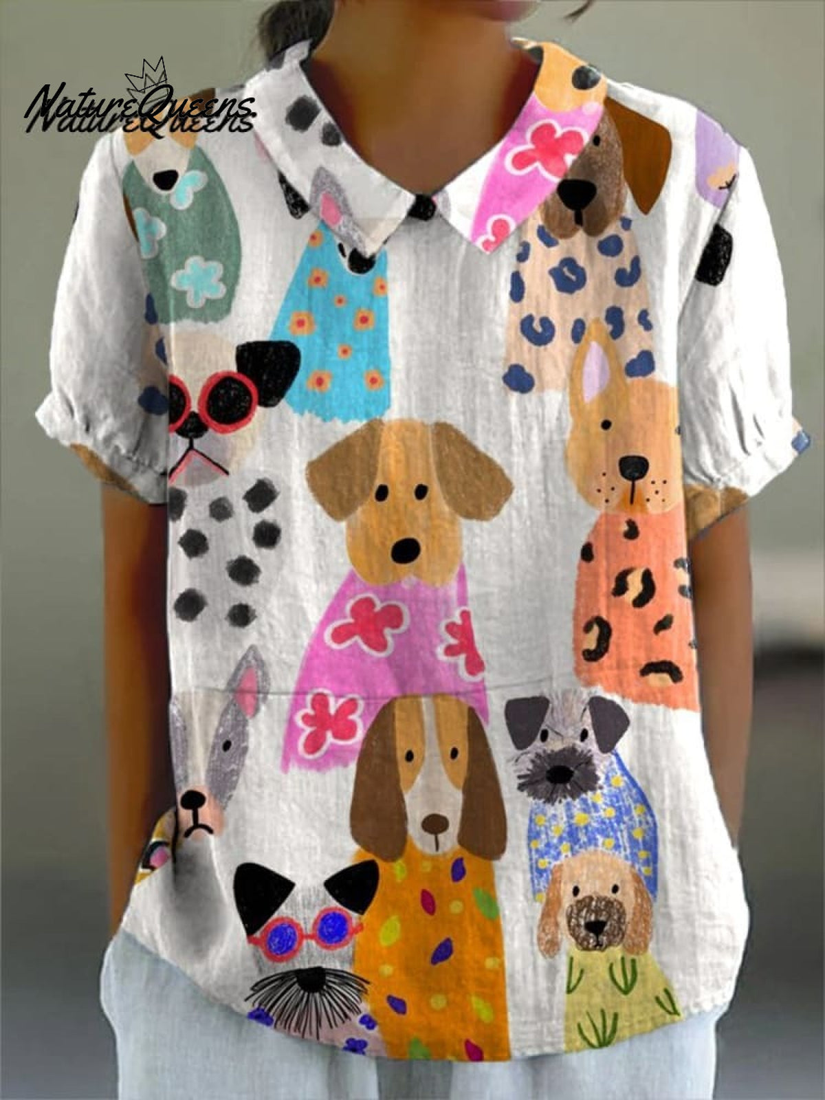 Women's Colorful Fun Cartoon Puppy Print Casual Cotton And Linen Shirt