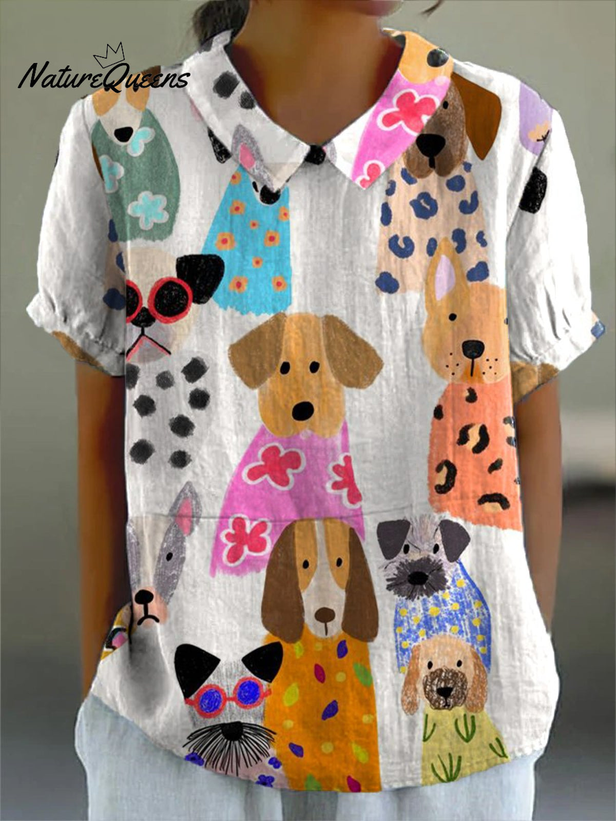 Women's Colorful Cartoon Puppy Print Casual Cotton And Linen Shirt