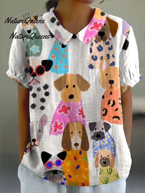 Women's Colorful Fun Cartoon Puppy Print Casual Cotton And Linen Shirt