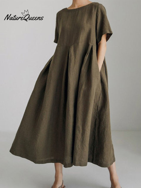 Women’s Short Sleeves Loose Cotton And Linen Dress Armygreen / S