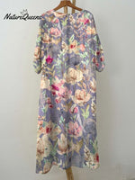 Women's Retro Purple Floral Print Pocket Cotton Dress