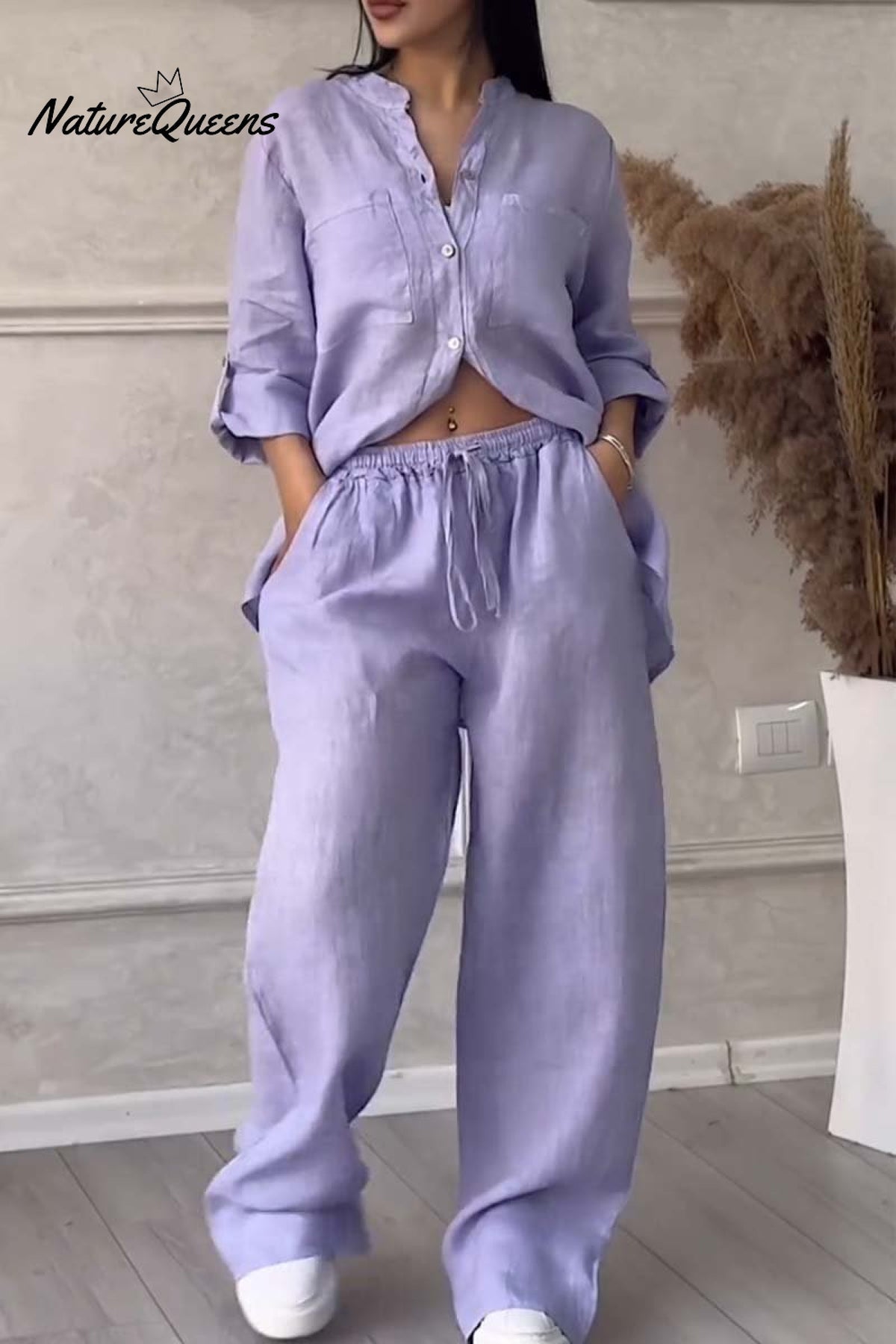 Casual solid color cotton and linen pants two-piece set