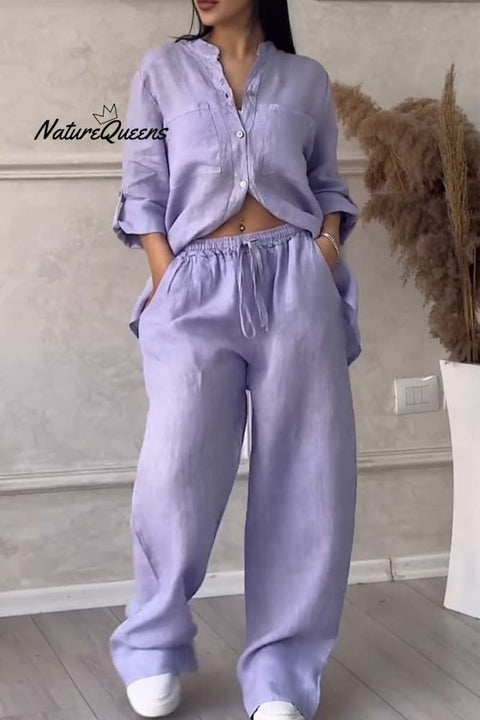 Casual solid color cotton and linen pants two-piece set