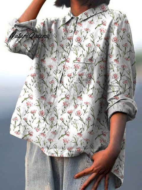 Pink Spring Floral Repeat Pattern Printed Women's Casual Cotton And Linen Shirt