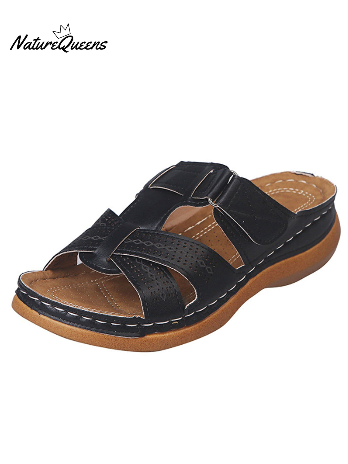 Women’s Wedges With Thick Bottom Cut Out Stitching Stripes Slippers Black / 36