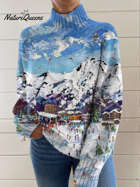 Women's Ski Painting Art Print Knit Turtleneck Pullover Sweater