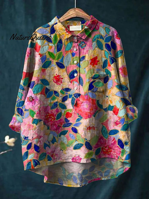 Women's  Flower Print Casual Cotton And Linen Shirt