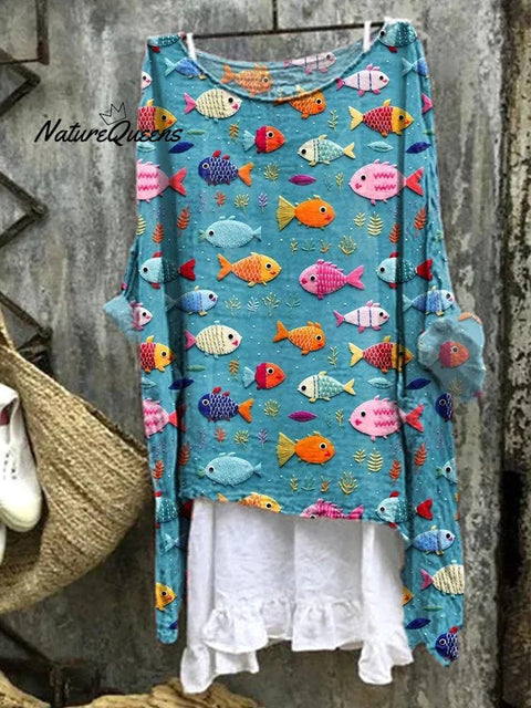 Women's Fish Art Print Casual Cotton And Linen 3/4 Sleeve Shirt