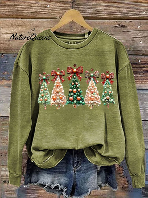 Retro Glitter Christmas Tree Print  Casual  Sweatshirt