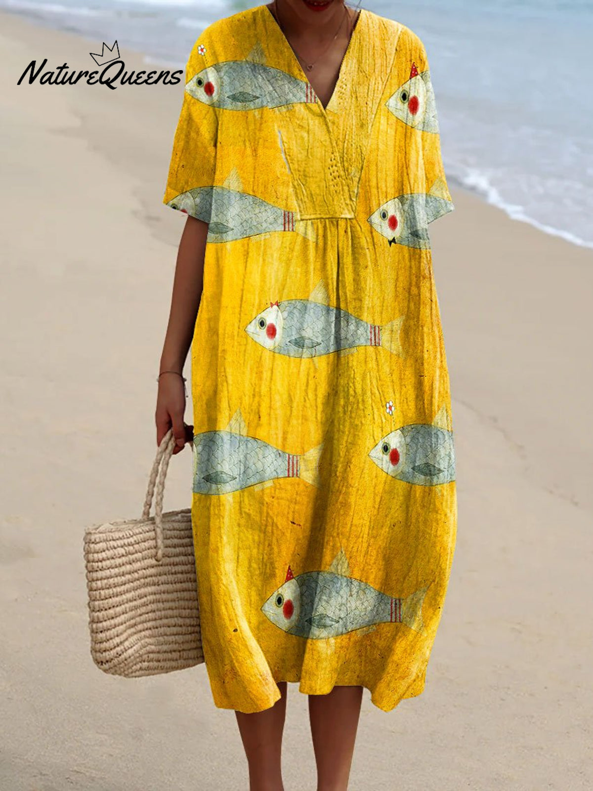 Women's Vintage Fish Art Print Flowy Dress