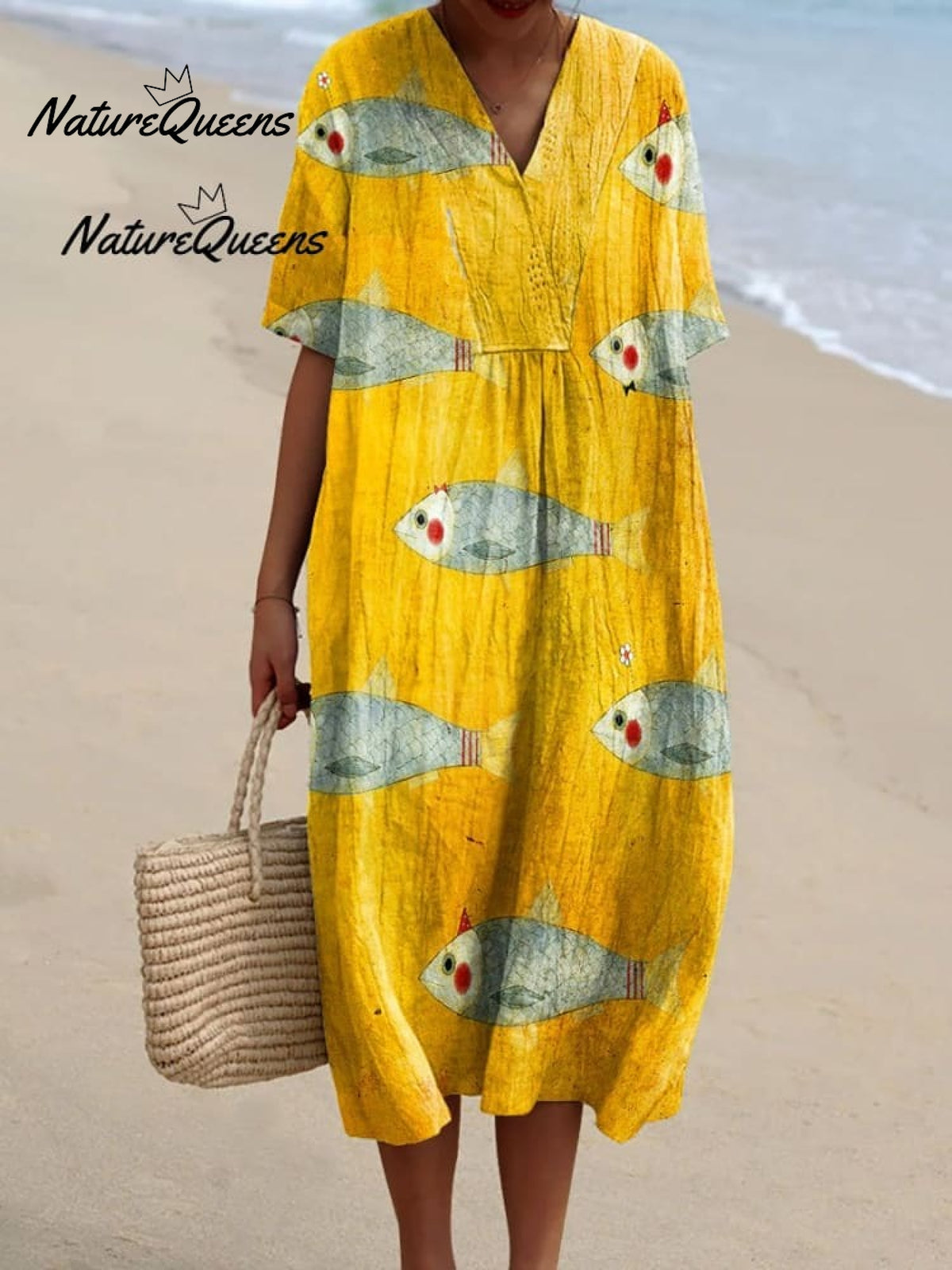 Women's Vintage Fish Art Print Linen Pocket Skirt