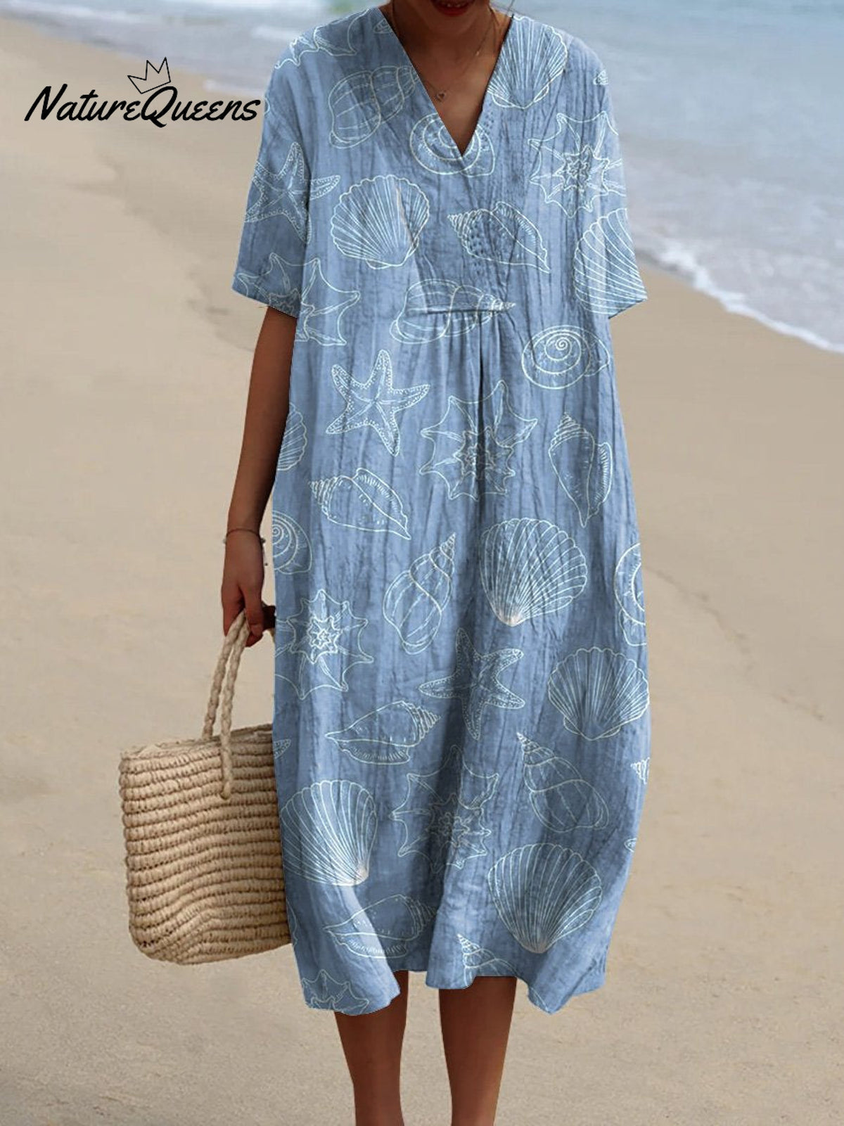 Summer Blue Sea Shell Pattern Printed Women’s Flowy Dress / S