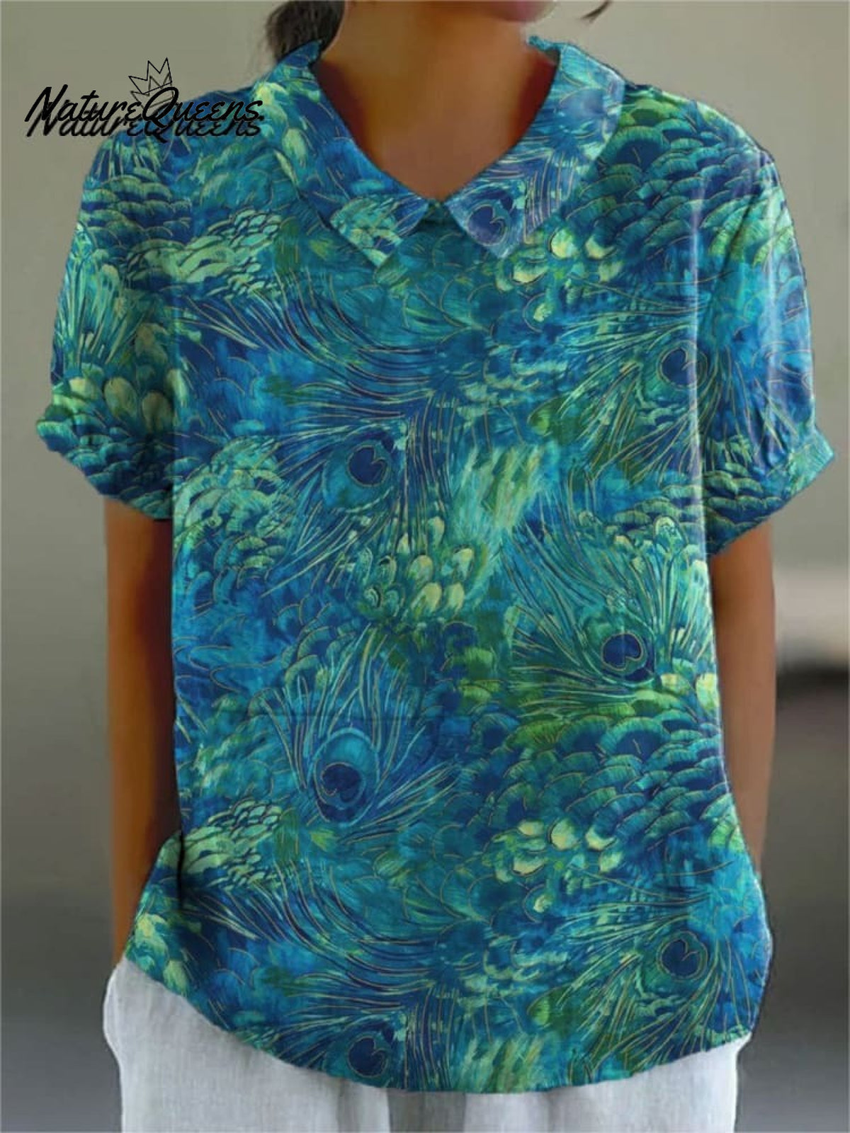 Women's Peacock Feather Print Casual Cotton Linen Shirt