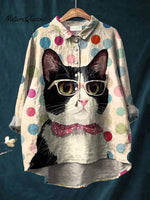 Cat In Glasses Graphic Printed Women's Casual Cotton And Linen Shirt