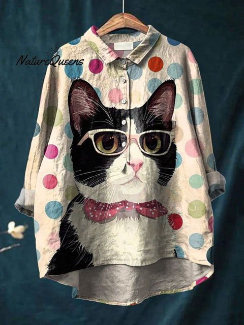 Cat In Glasses Graphic Printed Women's Casual Cotton And Linen Shirt