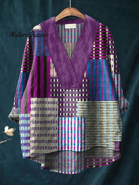 Japanese Style Geometric Pattern Printed Women's Casual Cotton And Linen V-neck Shirt
