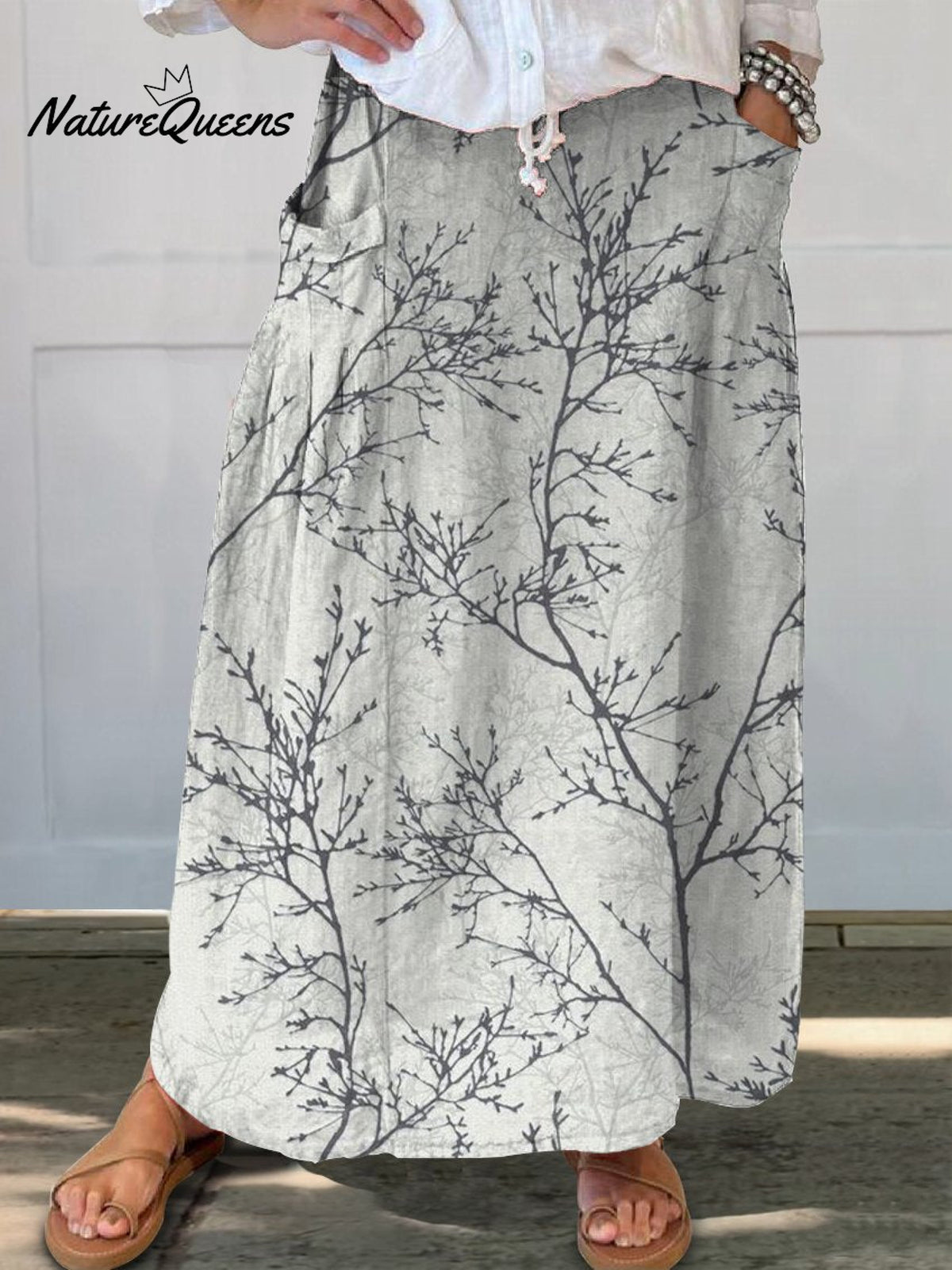 Women’s Temperament Twig Pattern Print Linen Pocket Skirt Multicolor / S