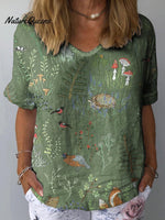 Woodland And Animals Pattern Printed Women’s Casual Cotton Linen Shirt Green / S