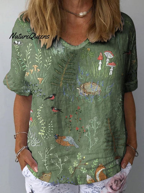 Woodland And Animals Pattern Printed Women’s Casual Cotton Linen Shirt Green / S