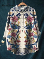 Women's Retro Blue and Pink Floral Print Casual Cotton And Linen Shirt