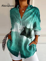 Women's Vintage Manta Rays Art Print Casual Cotton Shirt