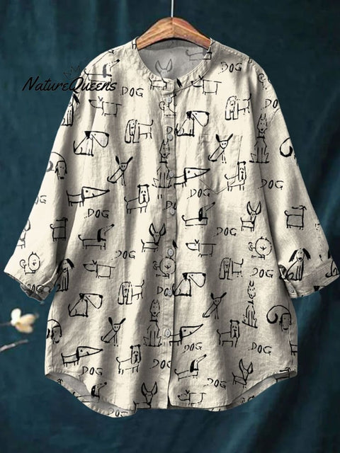 Women's Cute Dog Print Casual Cotton And Linen Shirt