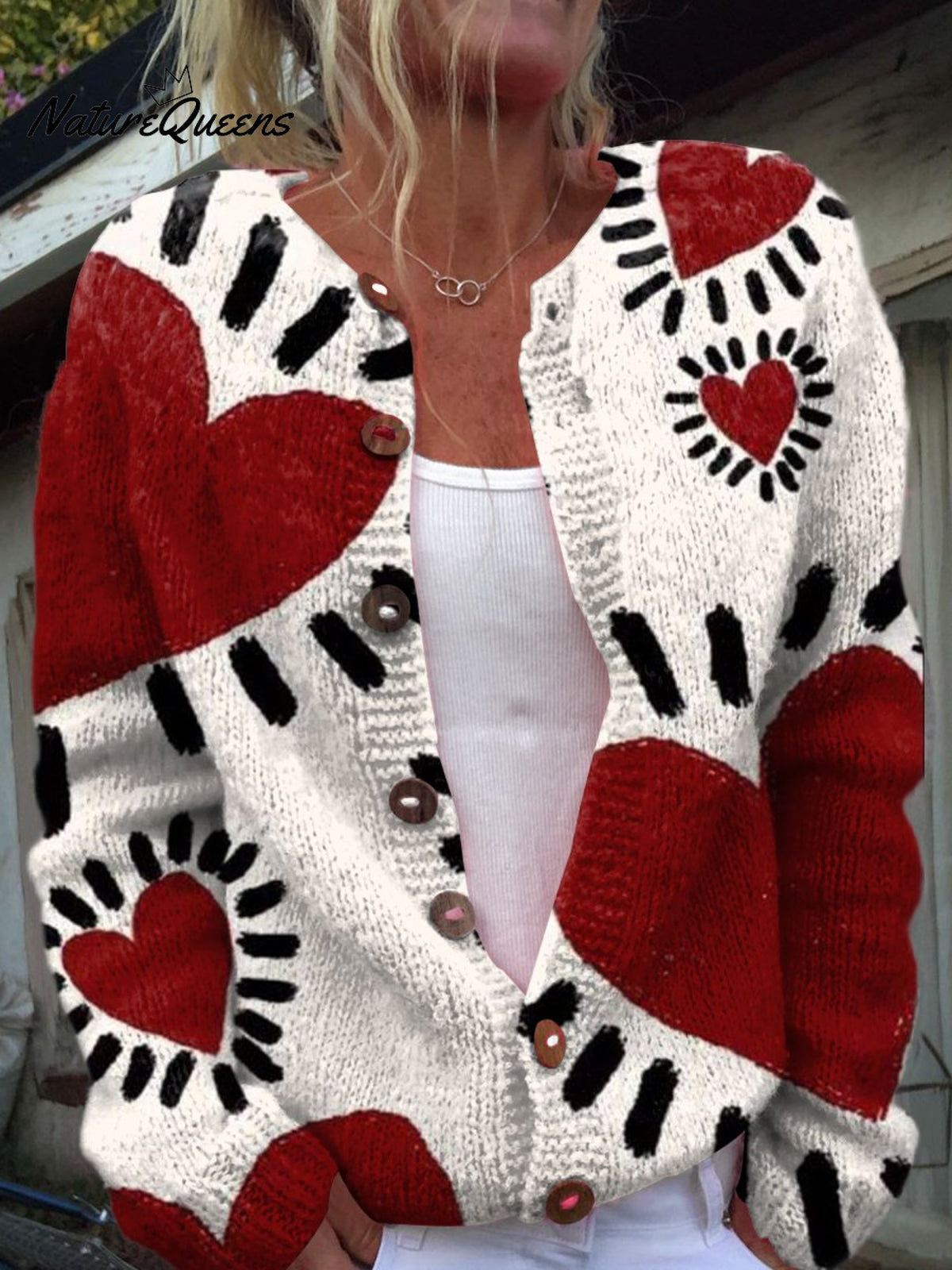 Simple Red Love Pattern Print Buttoned Cardigan Sweater