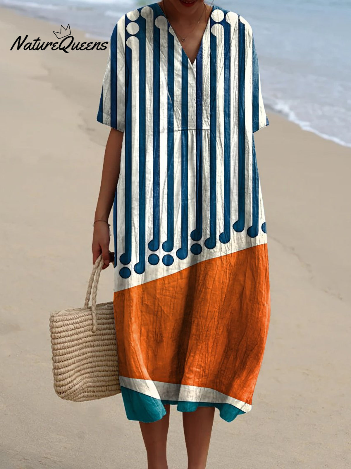 Women's Striped Color-blocking Watercolor Splash Fluid Art Print Flowy Dress