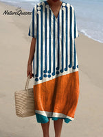 Women's Striped Color-blocking Watercolor Splash Fluid Art Print Flowy Dress