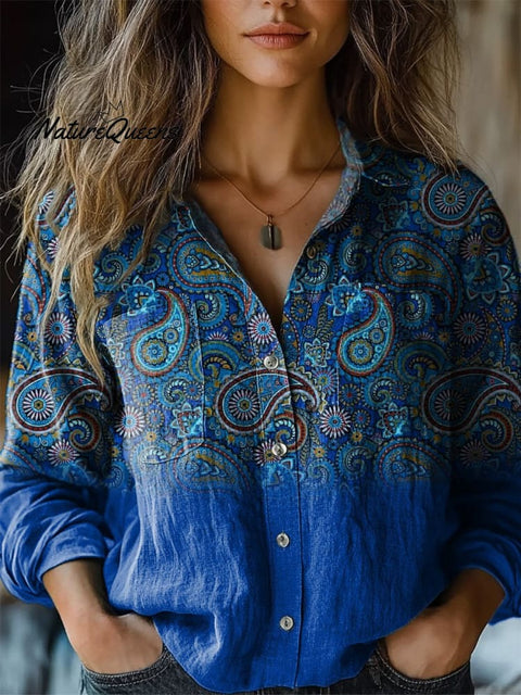 Elegant Paisley Pattern Printed Women's Casual Long Sleeve Comfortable Cotton Shirt