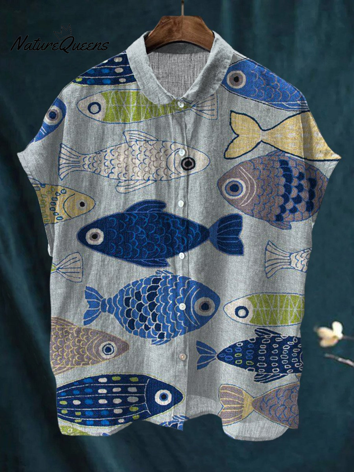 Women's Vintage Lovely Fish Art Print Casual Cotton Linen Shirt