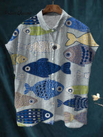 Women's Vintage Lovely Fish Art Print Casual Cotton Linen Shirt