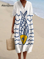 Women's Vintage Fish Art Print Flowy Dress
