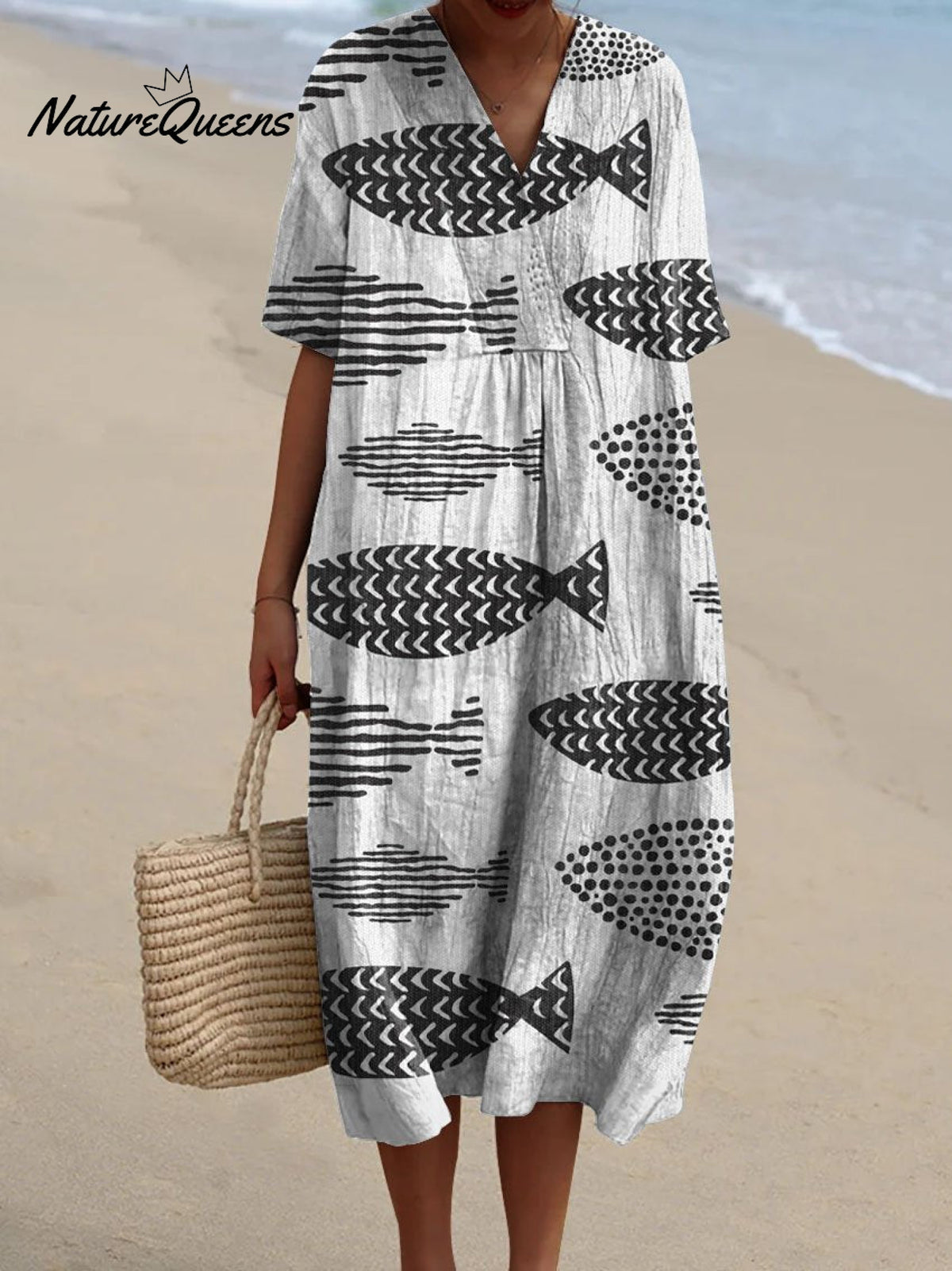 Women's Vintage Lovely Fish Art Print Flowy Dress