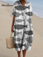 Women's Vintage Lovely Fish Art Print Flowy Dress