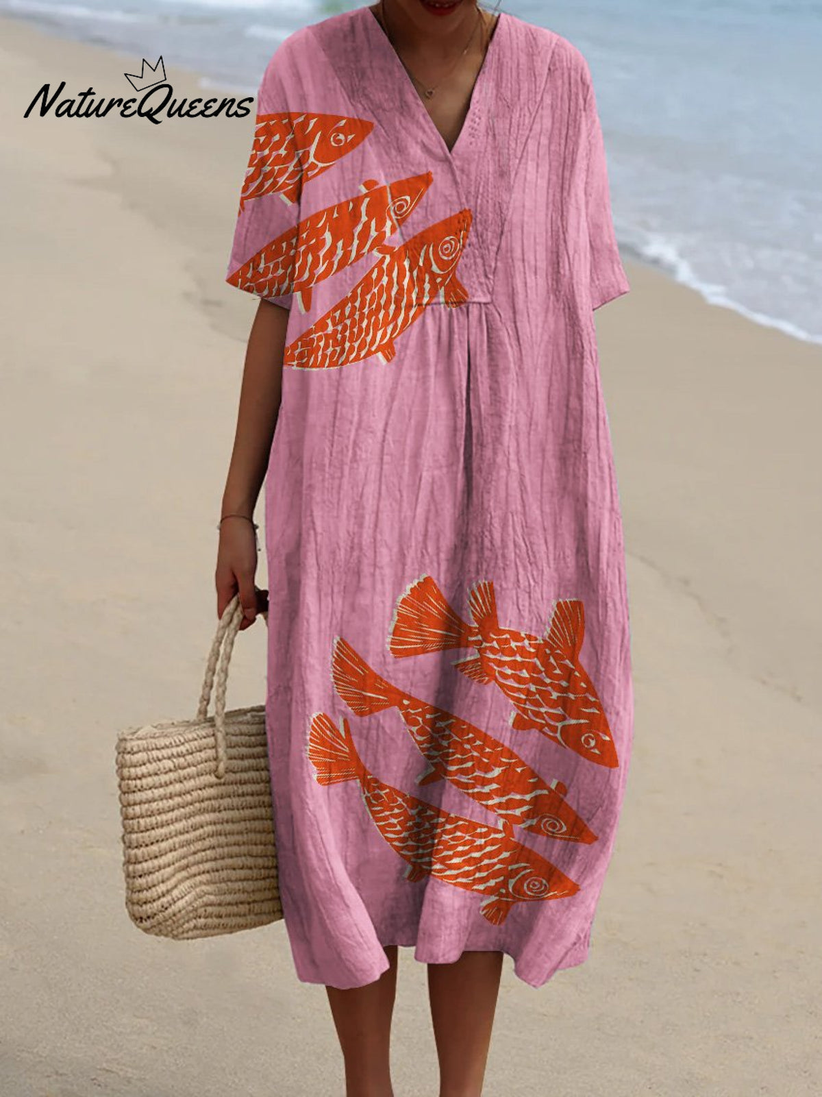Pink Background and Red Fish Decorative Pattern Flowy Dress