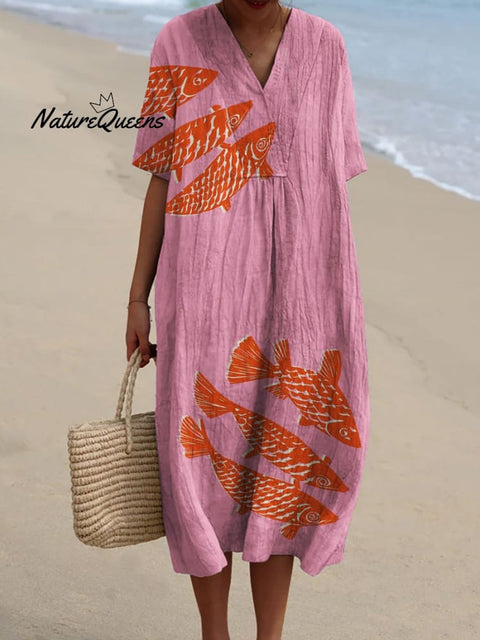 Pink Background and Red Fish Decorative Pattern Flowy Dress