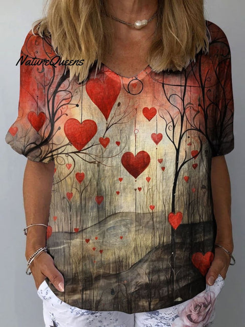 Women's Romantic Heart Art Print Casual Cotton And Linen Shirt