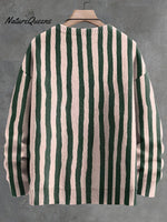 Pink-green Striped Sardines Print Knit V-neck Pullover Sweater
