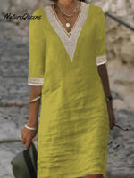 V - Neck Mid - Sleeved Cotton And Linen Casual Dress Yellow / S