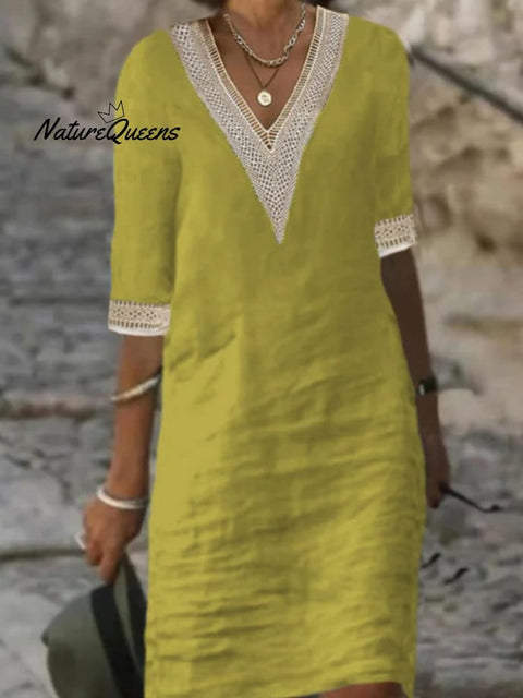 V - Neck Mid - Sleeved Cotton And Linen Casual Dress Yellow / S