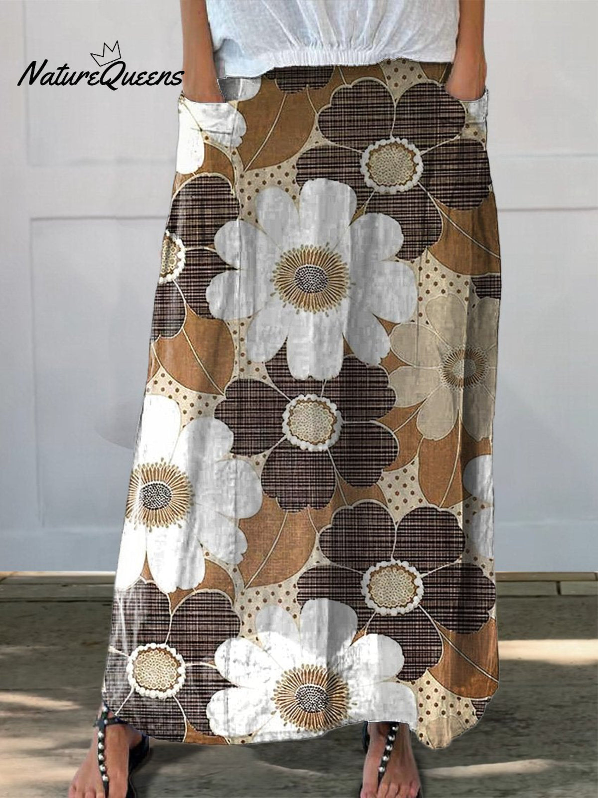 Countryside Patchwork Floral Pattern Printed Women’s Linen Pocket Skirt